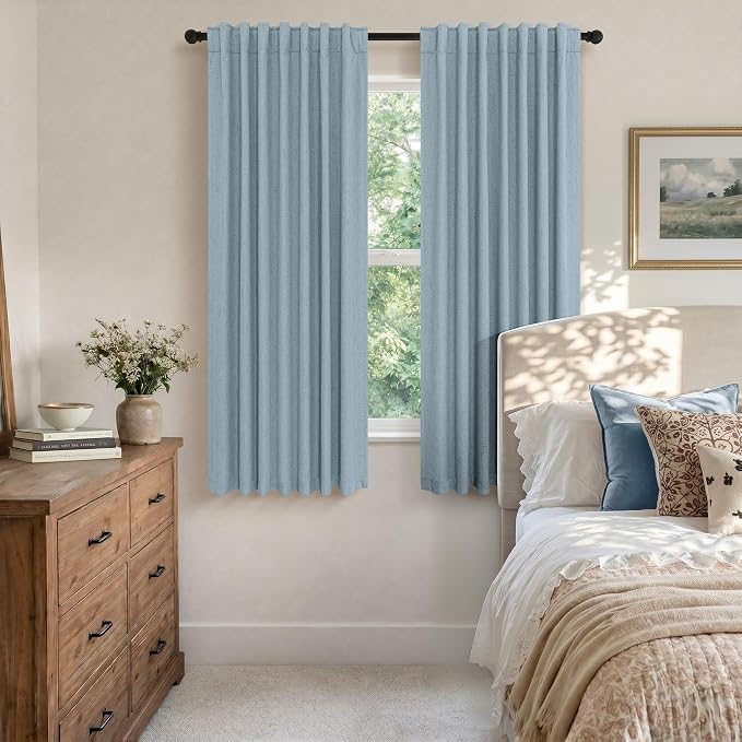 Light Blue Curtains for Bedroom 63 Inch Length 2 Panels Neutral Linen Textured Full Blackout Room Darkening Noise Reducing Curtain for Bay Window Kids Room Boys Nursery Dusty Slate Stone Blue 63 Long