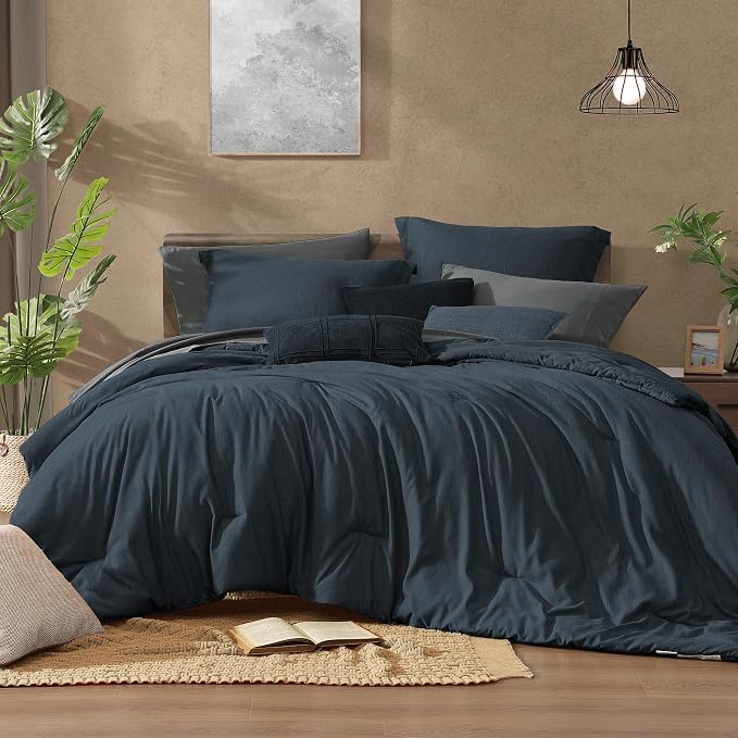 Monbix Full Comforter Set 7 Pieces Navy Blue Cationic Dyeing Bed in a Bag | Lightweight Reversible All Season Bedding Sets with Comforter, Sheets, Pillowcases & Shams