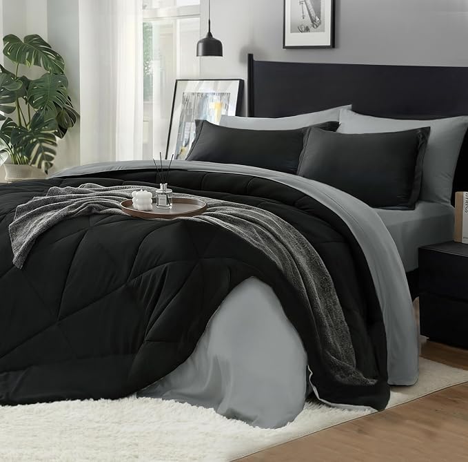 BEDELITE Full Comforter Set 7 Pieces, Reversible Black Bed in A Bag | Soft All Season Down-Alternative Comforter, Sheets, Pillowcases & Shams, OEKO-TEX Certified Bedding for Bedrrom, Guest Room