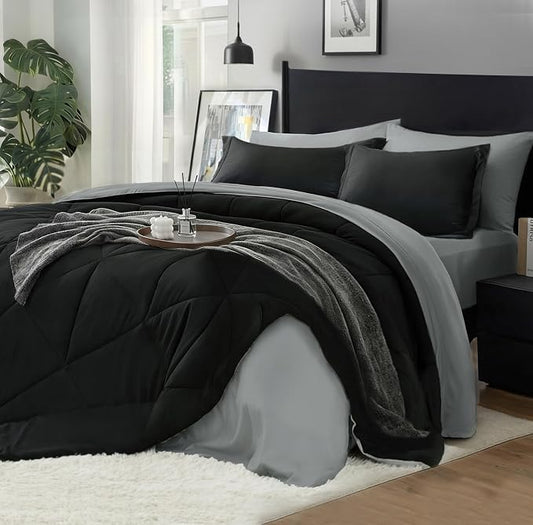 BEDELITE Full Comforter Set 7 Pieces, Reversible Black Bed in A Bag | Soft All Season Down-Alternative Comforter, Sheets, Pillowcases & Shams, OEKO-TEX Certified Bedding for Bedrrom, Guest Room