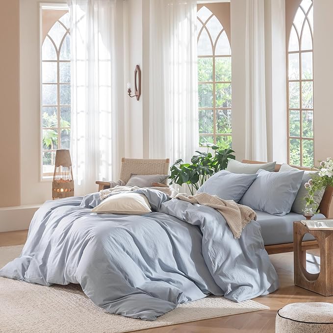 MooMee Duvet Cover Set 100% Washed Cotton Linen Like Oversized Full | Relaxed Linen-like Texture. Soft, Breathable & Long-lasting Comfort. Lightweight. Hidden Zipper with 8 Interior Corner Ties