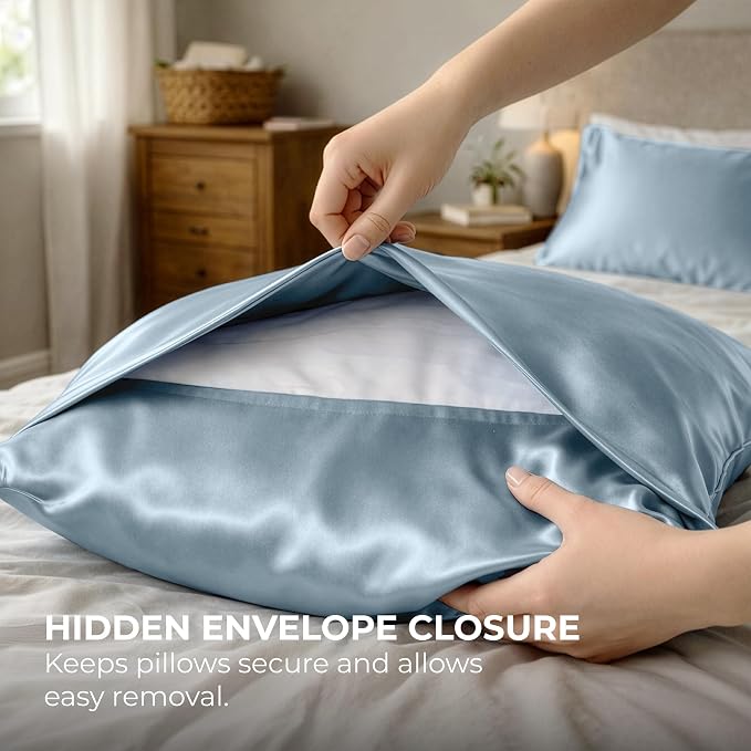 Pure Bedding Satin Pillowcase 2 Pack - King Size (20"x40", Baby Blue) - Silky Pillow Cases for Hair and Skin - Satin Pillow Covers with Envelope Closure - Extra Soft Premium Microfiber