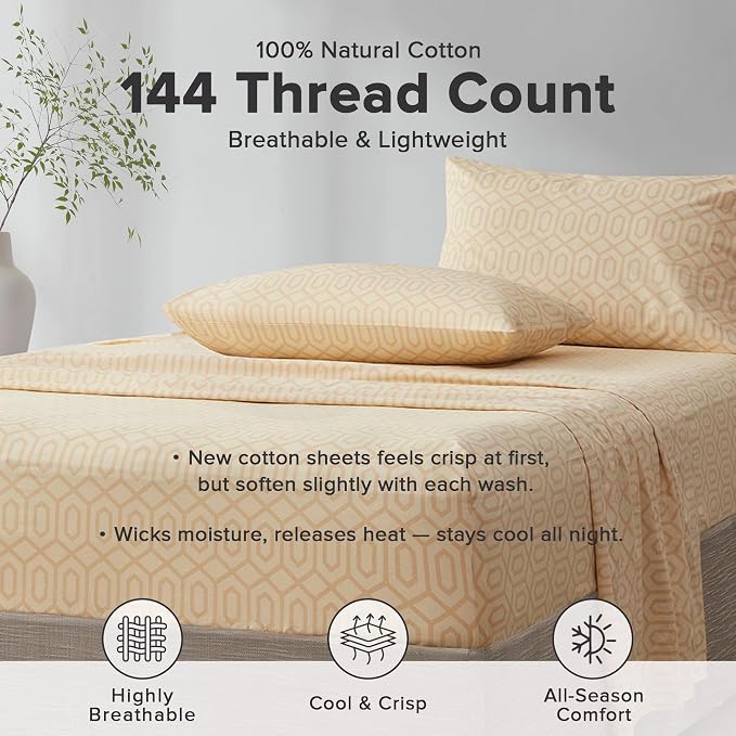 Comfort Spaces 144TC Cotton Sheet Set Breathable, Lightweight, Soft with Elastic Deep Pocket, Modern All Season Cozy Bedding, Matching Pillow Case, Twin, Diamond Tan 3 Piece | Crisp, Cool & Breathable Bed Sheets, 12" Deep Pocket Fits Up to 14" Mattress...