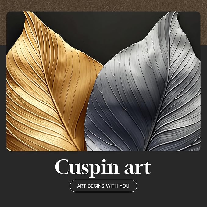 Framed Modern Gold and Silver Elegant Luxury Wall Art Decor, 24x24 In | Leaf, Canvas prints, Contemporary paintings, Minimalist pictures, Black, Living room, Dining room, Lounge wall decor