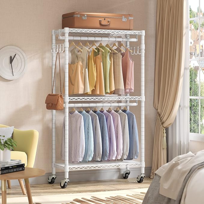 VIPEK R2 Medium Clothes rack for Hanging Clothes Rolling Closet System | Lockable Silent Wheels, Double Hanging Rods, Adjustable Wire Shelving/Side Hooks, Space-Saving for Small Space, 500lbs, White