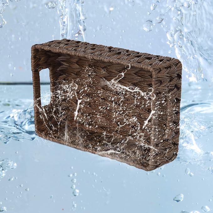 GRANNY SAYS Wicker Baskets with Handles,Small Woven Basket for Storage, Waterproof Storage Basket Organizer,Decorative Storage Boxes for Organing Pantry,Brown Basket,2-Pack,11 1/4''L x 7 1/2''W x 3 1/2''H | Waterproof Dark Brown Wicker Baskets, Small W...