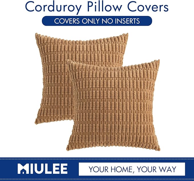 MIULEE Corduroy Decorative Throw Pillow Covers 20x20 Brown Pack of 2 | Soft Boho Striped Pillow Covers Modern Farmhouse Fall Home Decor For Sofa Living Room Couch Bed