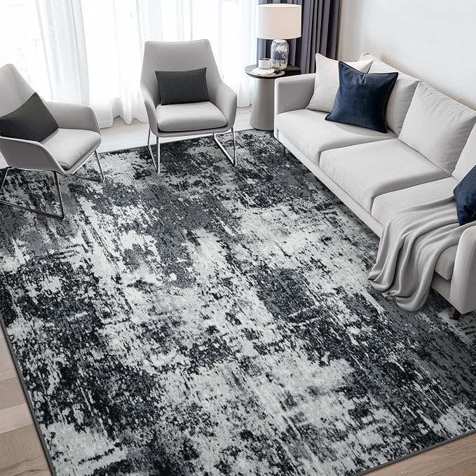 RELEANY Washable 6'x9' Abstract Area Rug for Living Room Black White | Carpet for Bedroom, Kitchen, Office, Hallway and Entryway, Printed Pattern, Non‑Slip, Soft, Stain‑Resistant, Easy to Clean