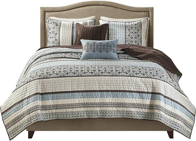 Madison Park Quilt Set Luxurious Jacquard Stripes Design - All Season, Coverlet Bedspread Lightweight Bedding Layer, Shams, Decorative Pillow, Full/Queen(90"x90"), Floral Blue 5 Piece | All Season, Luxurious Coverlet Bedspread Lightweight Bedding Layer...