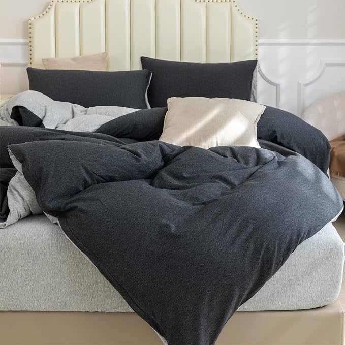 PURE ERA Jersey Knit Sheet Set Heather Charcoal Grey/Grey King | 100% Cotton, 3 Piece Set, T Shirt Soft, Breathable, Envelope Closure Pillowcases, Hidden Zipper, 8 Ties, No Insert, Modern