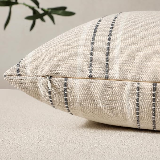 Hckot Decorative Pillow Covers 18x18 Striped Throw Pillow Covers Grey | Textured Linen Pillow Covers Outdoor Farmhouse Decor Cushion Covers for Couch Bed Living Room Home Accent Decor Pillows
