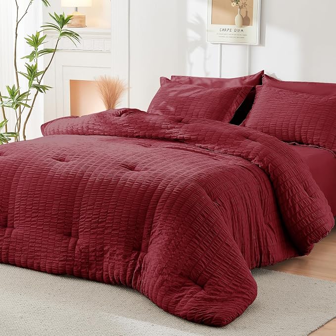 HYMOKEGE Burgundy California King Comforter Set Seersucker 7 Pieces, All Season Luxury Bed in a Bag for Bedroom, Bedding Set with Comforters, Sheets, Pillowcases & Shams