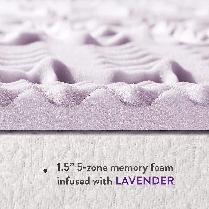 Mellow 1.5 Inch 5-Zone Memory Foam Mattress Topper, Soothing Lavender Infusion, Twin