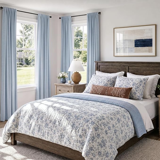 INOVADAY 100% Blackout Linen Curtains for Bedroom 50x96 Chambray Blue | Linen Textured, Light Blocking, Room Darkening, Thermal Insulated, Back Tab Top, Window Curtains for Living Room, 2 Panels