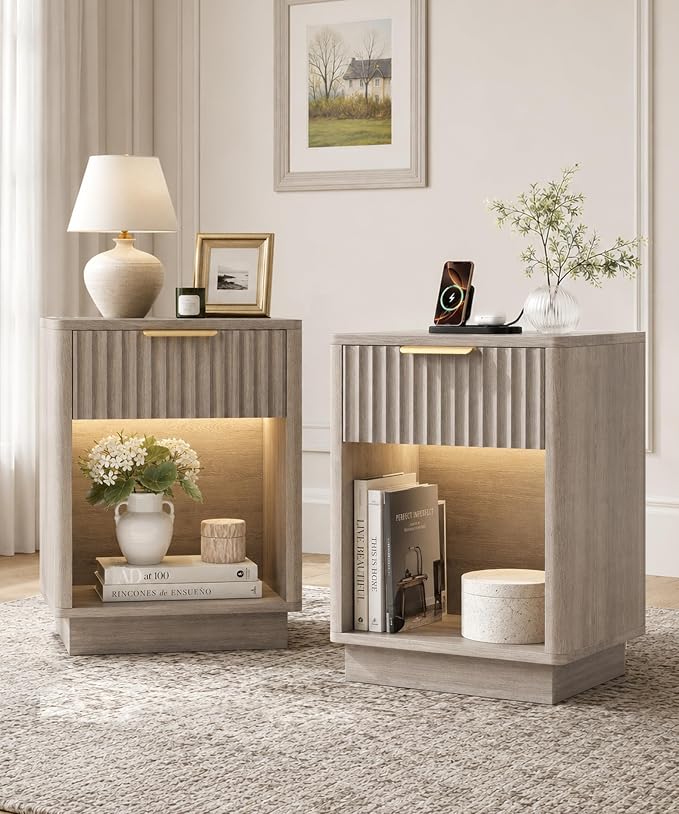 Akxomel Fluted Nightstand Set 2 Bedside Table with Charging Station Greige | Wooden Side Table with LED Light, Modern Mid Century End Table with Drawer, 15" D x 15.7" W x 22.6" H, for Bedroom