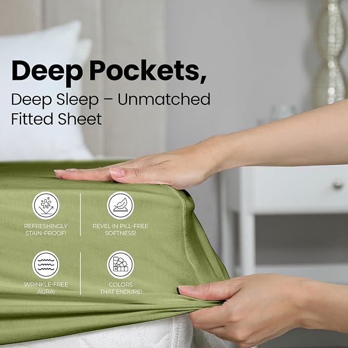 Queen Fitted Sheet, Ultra Soft Fits Up to 16 Inch Deep Pocket, Olive | Hotel Comfort, Cooling & Breathable Cotton like Polyester, Easy Fit, Wrinkle & Fade Resistant, Snug Fit, Easy Care, Oeko-Tex