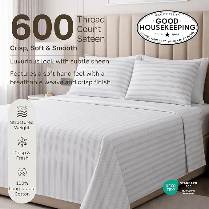 California Design Den Luxury 600 Thread Count Deep Pocket Queen Sheets Set | 100% Cotton Sateen Backed by Good Housekeeping Seal, Soft & Smooth, 16" Deep Pocket - Print - Ticking Stripe