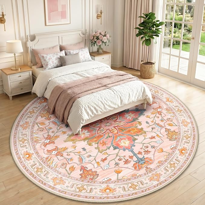 RELEANY Washable Area Rug, Round 10ft, Pink/Light Pink/Colorful | Non-Slip, Water Repellent, Pet Friendly, Easy to Clean, Vintage Floral Boho Decor for Living Room Bedroom Dining Room