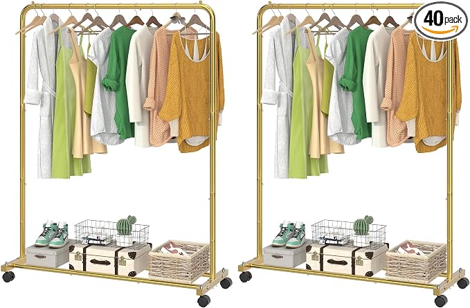 Simple Trending Standard Clothes Clothing Garment Rack with Storage Shelves, Rolling Clothes Organizer on Wheels for Hanging Clothes, Gold (Pack of 2)