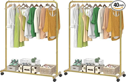 Simple Trending Standard Clothes Clothing Garment Rack with Storage Shelves, Rolling Clothes Organizer on Wheels for Hanging Clothes, Gold (Pack of 2)