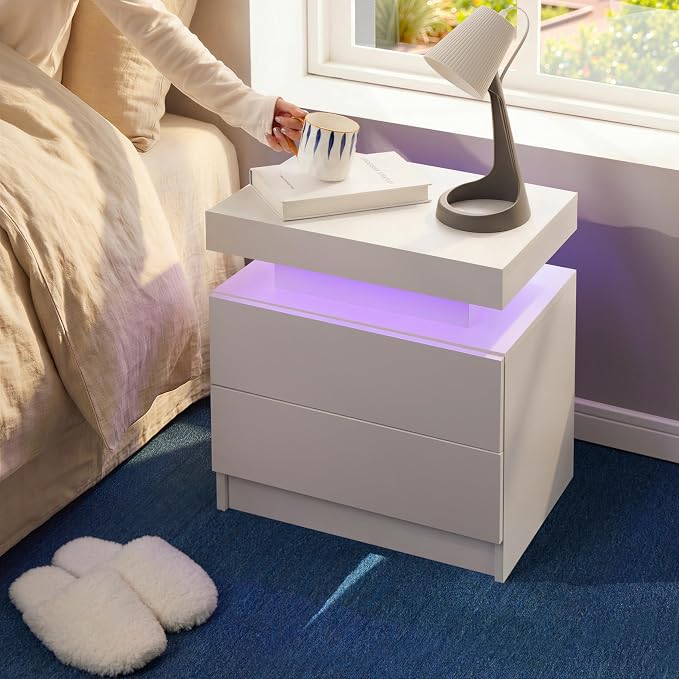 i-aplus LED Nightstand with Wood 2 Drawers Modern Bedside Table for Bedroom | Nightstands with App-Controlled RGB LED Lights, Night Stand with Storgae Drawer, Modern Bedside Table for Bedroom