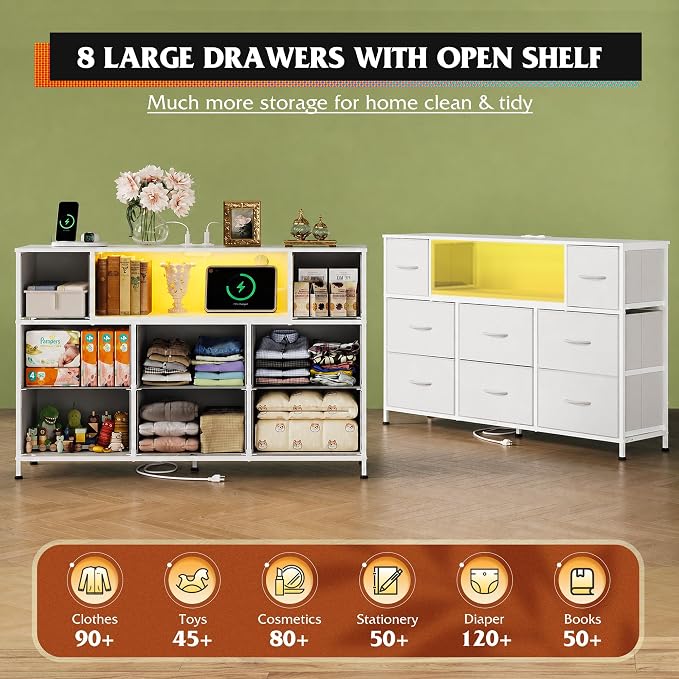 WLIVE LED Dresser TV Stand for 55 Inch TV, 8 Drawers, White | Fits TVs up to 55 inch, 8 fabric drawers, LED chest of drawers, Built-in power outlet, Living room or bedroom