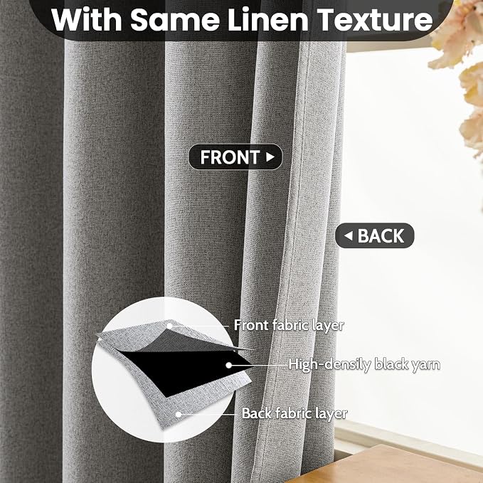 COSVIYA 100% Blackout Dove Grey Linen Curtains & Drapes 63 Inch Length | Light Blocking Full Room Darkening Grommet Insulated Thermal Window Panels for Bedroom/Living Room,52x63 inches,2 Panels