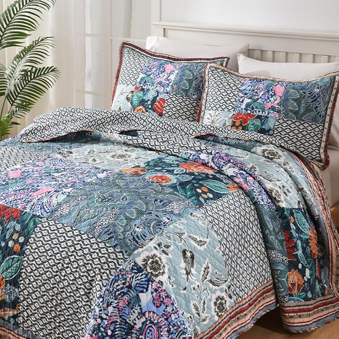 VISIMISI Cotton Bedspread Quilt Bedding Sets Reversible Coverlet Sets 3 Pieces Vintage Floral Blue Teal Patchwork Bedspread, King Size
