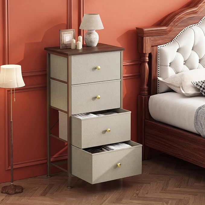 DUMOS Nightstand with 4 Drawers Bedside Table with Removable Fabric Bins Sturdy Steel Frame Wood Top Organizer Furniture for Bedroom Closet Living Room, Tan