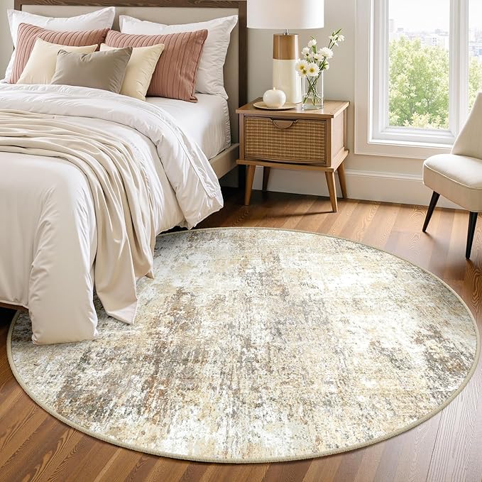 RELEANY Washable Round 4ft Area Rug for Living Room Neutral Brown | Carpet for Bedroom, Kitchen, Office, Hallway and Entryway, Printed Pattern, Non‑Slip, Soft, Stain‑Resistant, Easy to Clean