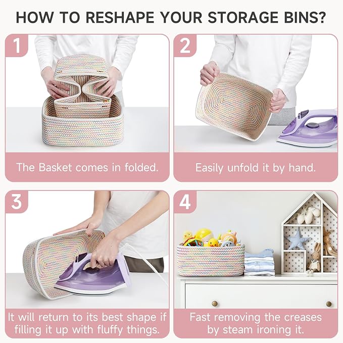 3 Pack Small Storage Baskets for Organizing, 11.8×7.8×5.1", Rainbow | Woven Baskets for shelves, Cotton Rope Basket for Gifts Empty, Closet Organizer Bins with Handles, Cube Decorative Box