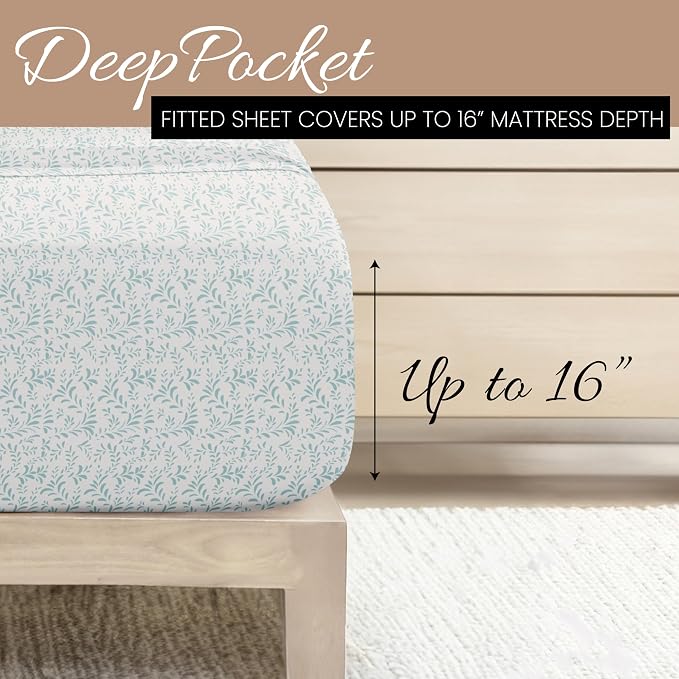 Linen Market Patterned Microfiber Full Sheet Set 4 Piece – Oeko-TEX Certified Ultra Soft & Wrinkle-Free - 16" Deep Pocket Sheets - Easy Care Full Size - Burst of Vines Light Blue