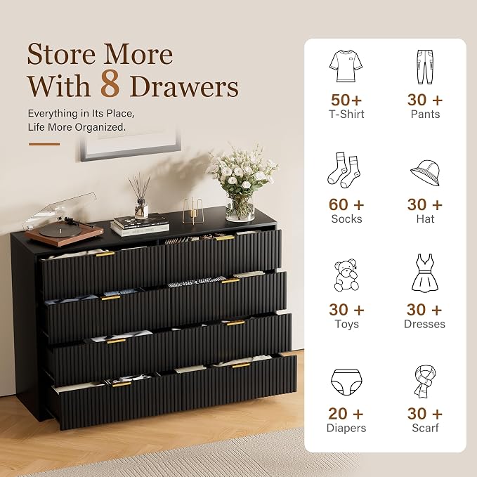 Furniway Black Dresser for Bedroom, Modern Dresser with 8 Drawers and Smooth Slides, Wide Chest of Drawers with Golden Handles for Bedroom, Closet, 15.7" D x 55" W x 37.4" H