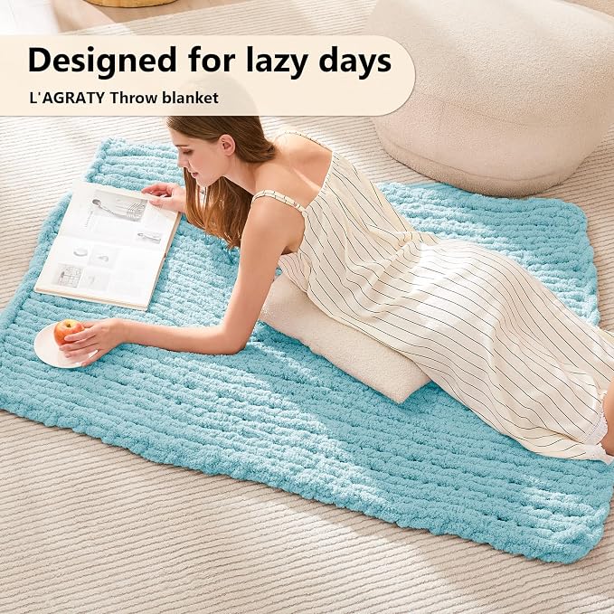 L'AGRATY Chunky Knit Throw Blanket for Couch, 40 x 50 Inches, Light Blue | Handmade Chenille Crochet Blanket for Sofa Bed, Thick Cable Knitted Blankets for Room Home Decor, Birthday Gift for Women Mom