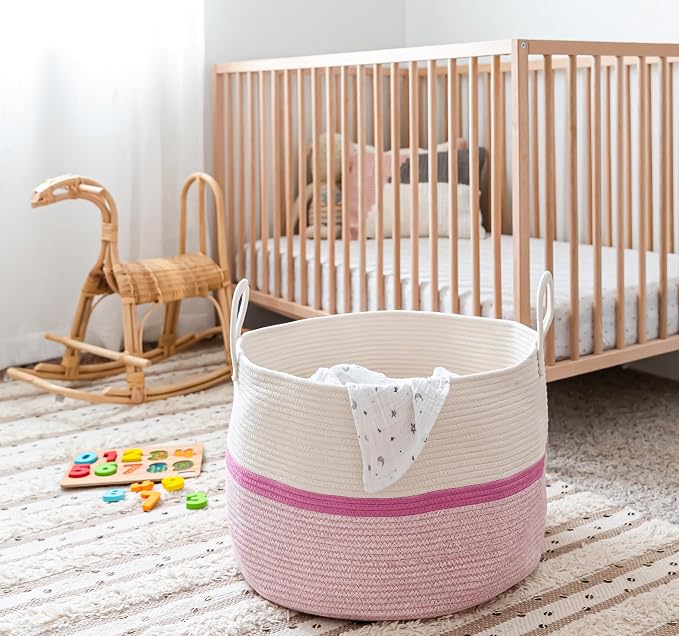 OrganiHaus Round Toy Basket & Blanket Basket, Cotton Rope 20x13" | Striped Pink - Round Cotton Rope Basket, 20x13"