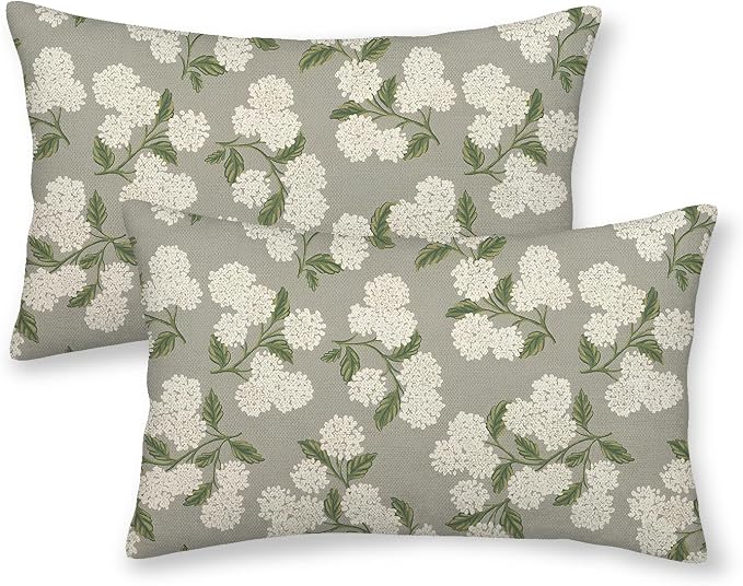 Grey Spring Pillow Covers 12x20 Inch 2 Pcs Gray Green Hydrangea Flower Decor Throw Pillows Vintage Floral Seasonal Summer Outdoor Decoration Pillowcase Linen Cushion Cover for Couch Sofa
