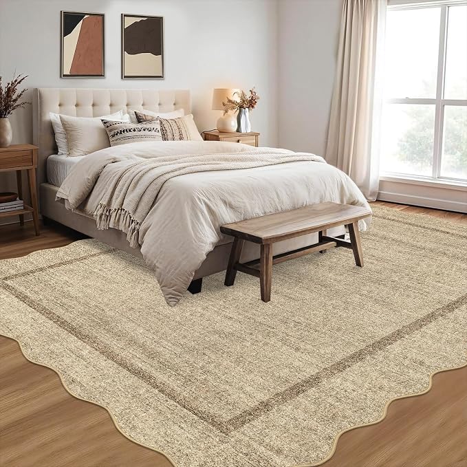 GarveeHome Scalloped Washable Rugs 8x10 Area Rugs for Living Room Non Slip | Throw Rugs Large Rug for Bedroom Low Pile Non Shedding Stain Resistant Carpet for Dining Room 8 ft x10 ft Jute