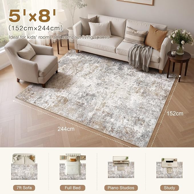 UERMEI 5x8 Area Rug Living Room Rugs Washable Neutral Brown Grey Carpet | Modern Abstract Non-Slip Soft Low Pile Floor Rugs for Bedroom Dining Room Home Office Indoor Decor