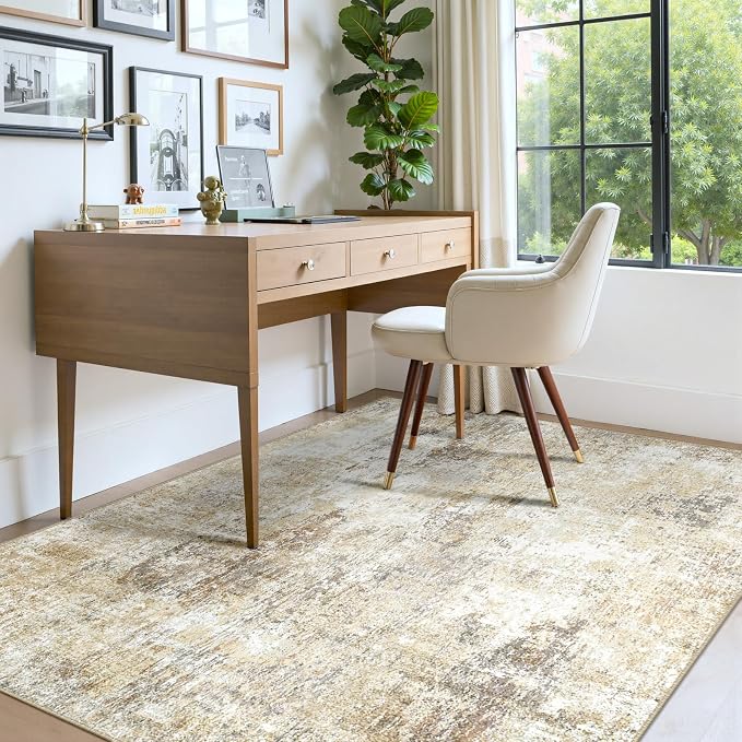 RELEANY Washable 4'x6' Abstract Area Rug for Living Room Neutral Brown | Carpet for Bedroom, Kitchen, Office, Hallway and Entryway, Printed Pattern, Non‑Slip, Soft, Stain‑Resistant, Easy to Clean