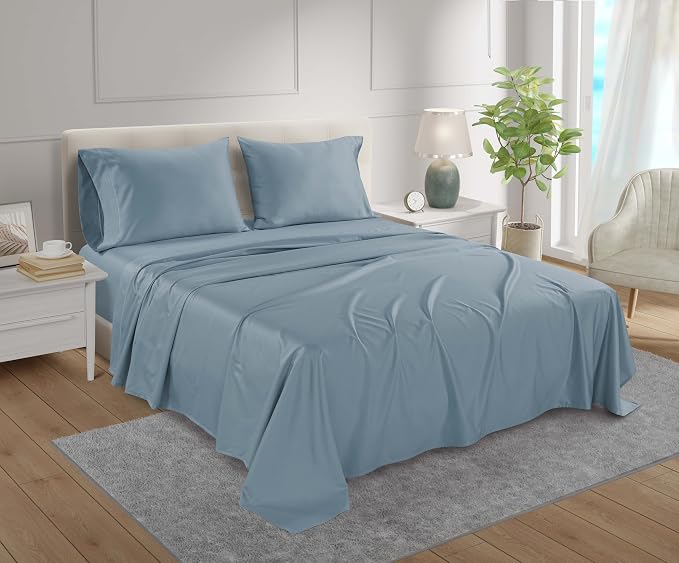Egyptian Cotton Sheets Full Size Set 4 PC Full Sheets Set -French Blue | 800 Thread Count Luxury Sateen Weave elasticized Sheet & Pillowcase Sets, No Pilling, Breathable & Cooling, Fade Resistant