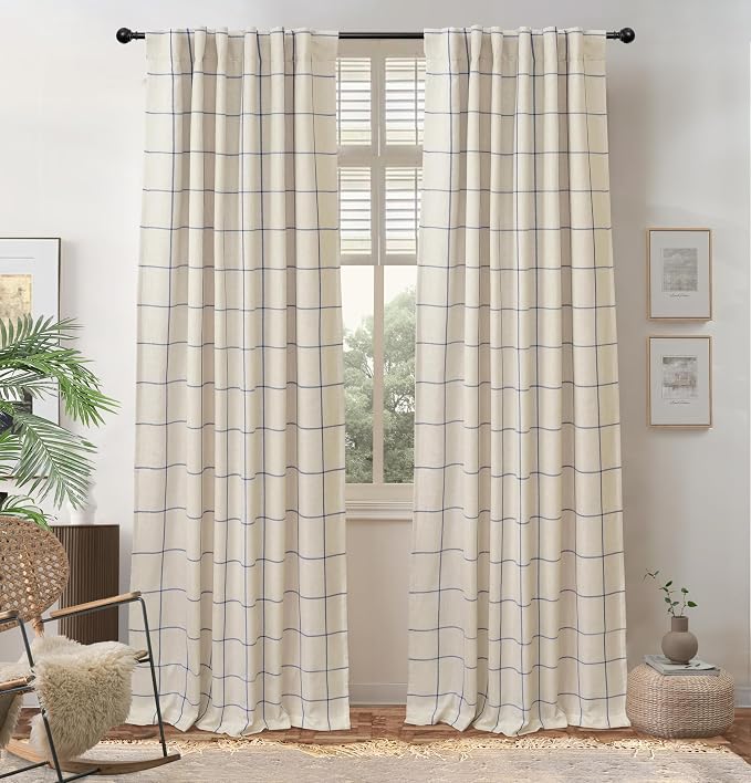 DriftAway 100% Blackout Plaid Curtains 96 Inches Long 2 Panels Navy Blue | 100% Blackout, Linen Texture, Plaid Pattern, Two Layers, Rod Pocket & Back Tab, Bedroom Living Room Use, Luxury Appearance