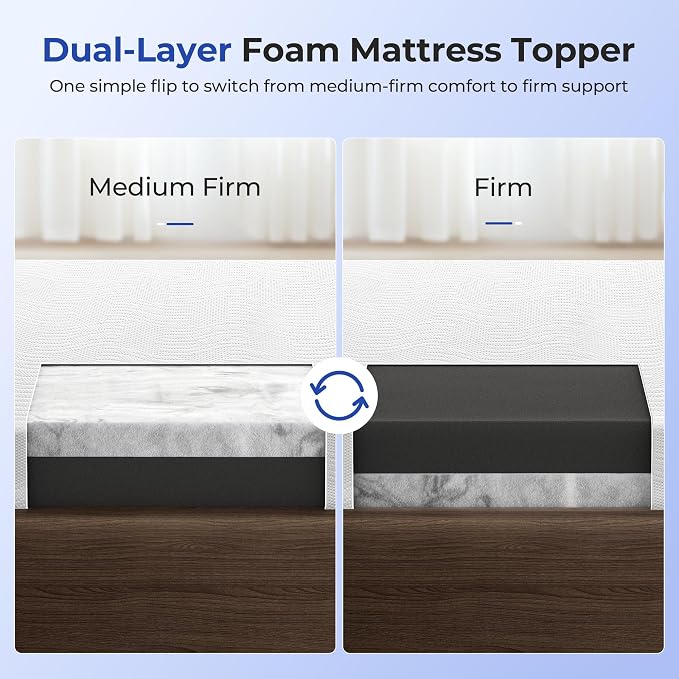 HOMRELEXA Cooling Mattress Topper Full Size 3 Inch, Cooling Gel & Bamboo Charcoal Memory Foam Mattress Topper for Back Pain Relief, Firm Dual-Layer Foam Bed Pad with Removable Cover