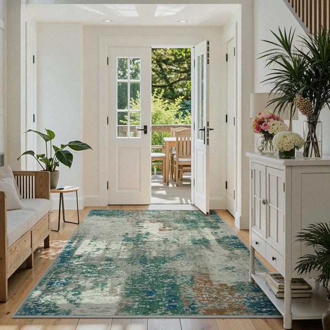 Lahome Modern Abstract Area Rug 5x7 Rugs for Living Room, Washable Accent Bedroom Rug Non-Slip Non Skid, Indoor Floor Contemporary Carpet for Kitchen Bathroom Laundry,Green/Grey