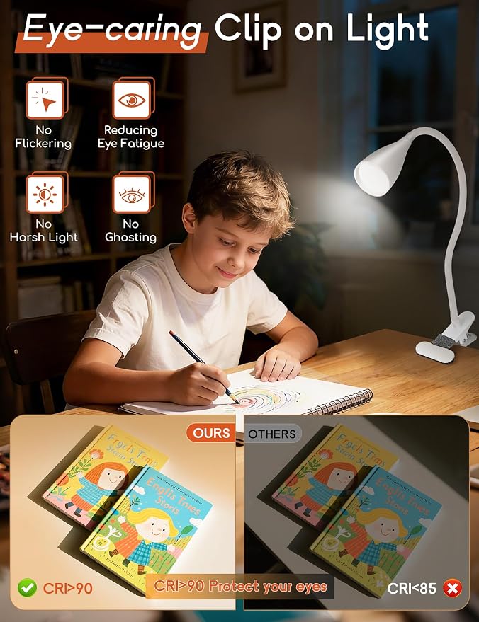 Reading Light for Book in Bed,Clip on Light Reading Lamp with Adapter White | 5 Color Modes 10 Brightness, Flexible Eye-Caring Clip on Desk Lamp Book Light for Reading in Bed Headboard Bedside Bedroom