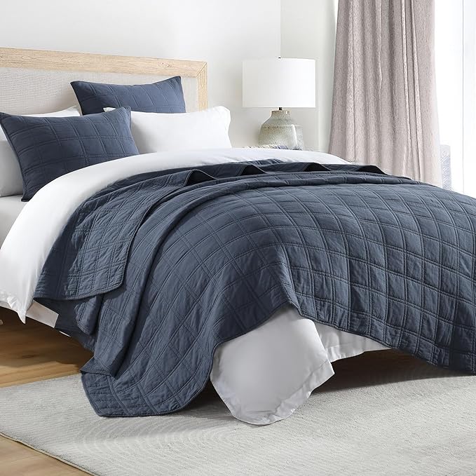 HORIMOTE HOME 100% Cotton Quilt Set King Size, Denim Blue Pre-Washed Bedspreads Coverlet Set in Geometric Pattern, Cozy Lightweight Stitching Decorative Bedding Cover with 2 Shams for All Season