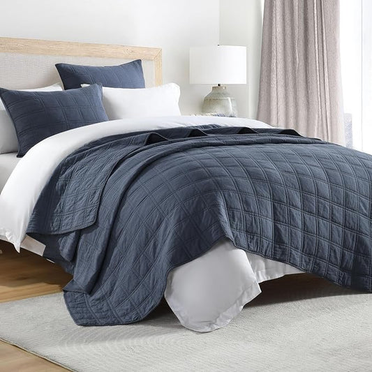HORIMOTE HOME 100% Cotton Quilt Set Twin Size, Denim Blue Pre-Washed Bedspreads Coverlet Set in Geometric Pattern, Cozy Lightweight Stitching Decorative Bedding Cover with 1 Sham for All Season
