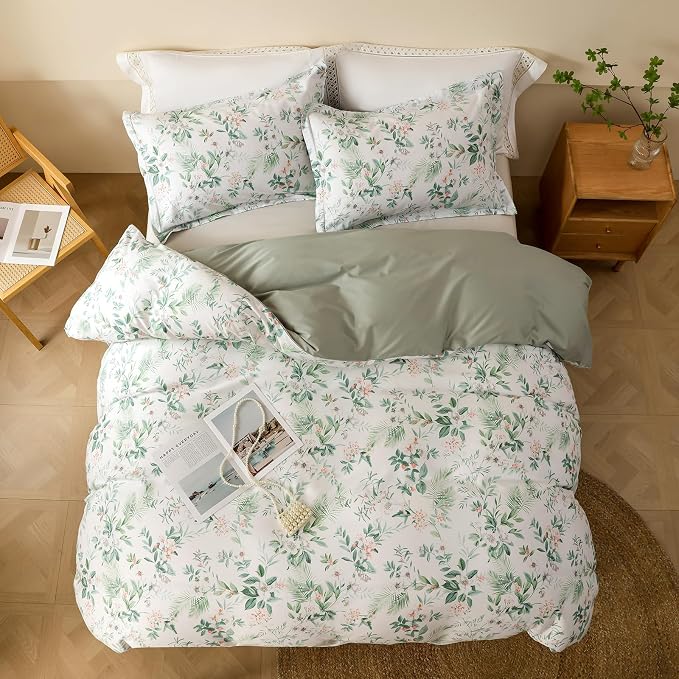 OAITE Queen Duvet Cover Set 3pcs 100% Cotton with Green Botanical Floral | Soft, Breathable,Long-lasting,Comfort,Hidden Zipper,8 Corner Ties,Easy Care for All Season