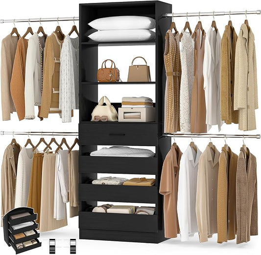 Aheaplus Closet System, 4-9Ft Closet Organizer with 4 Wooden Drawers, Black | Wood Closet Organizer System with Tower, Walk-in Closet Organizer Wardrobe Clothes Rack with 4 Hanging Rods, Garment Rack