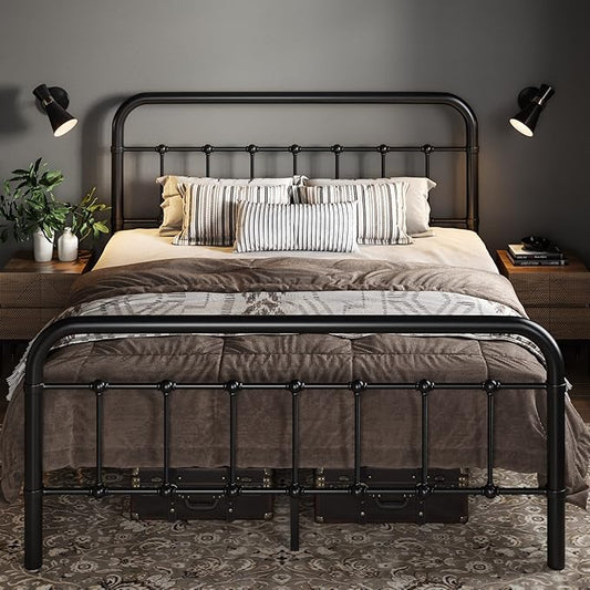 Allewie Full Metal Bed Frame with Victorian Iron-Art Headboard, Black | Victorian Style Wrought Iron-Art Headboard/Footboard, Easy Assembly, Under Bed Storage, No Box Spring Required