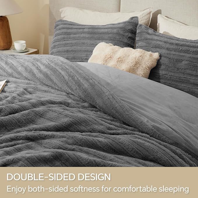 BEDELITE Faux Fur King Size Comforter Set, Fluffy Bed Set, Grey | Super Soft & Warm, Luxury Fuzzy Cozy Comforter for Winter, Heavy Plush Bed set, with 2 Pillowcases
